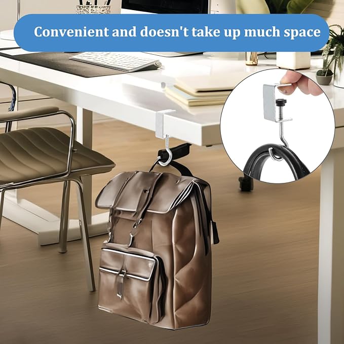 cobee Clamp-On Under Desk Hooks, Desk Mount Hanging Bag Holder Metal Hook Adjustable Headphones Clamp Organizer Portable Purse Hanger Clip Reduce Desk Clutter Table Desk Under Counter (8 Pcs, Silver)