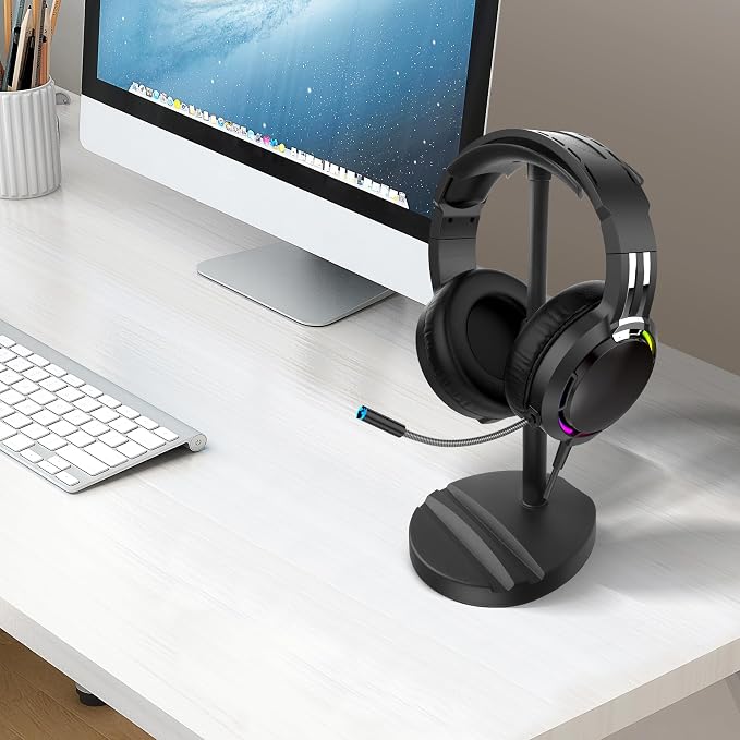 YAODHAOD Desktop Headphone Stand, Universal Headphone Holder with Phone Holder,Anti-Slip Base, for Desk, Office, Home Headphones Support Accessory (Black)