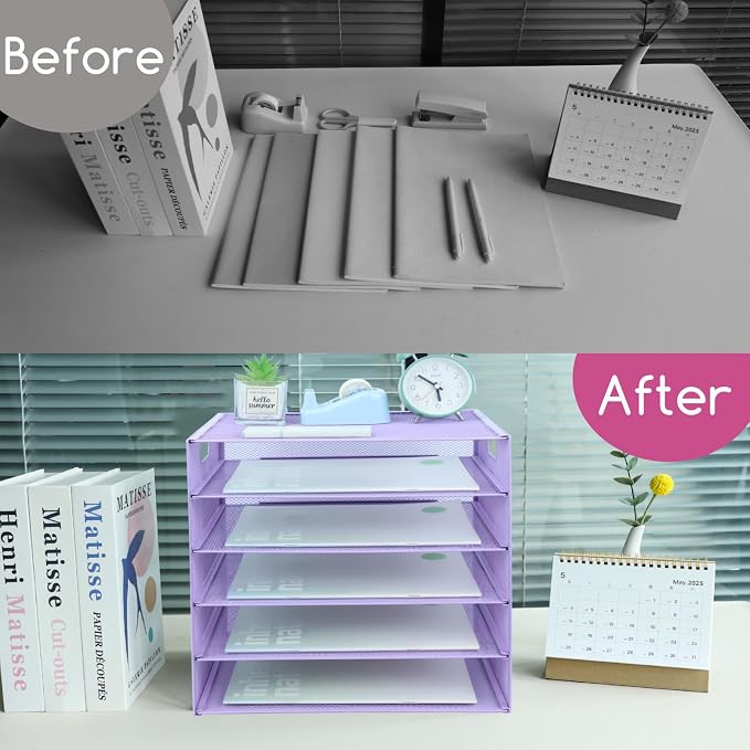 5 Tier Lettrer Tray Organizer, Metal Mesh Desk File Organizer with Sliding Trays, Paper Sorter Desk Organizer for Home Office School, Purple