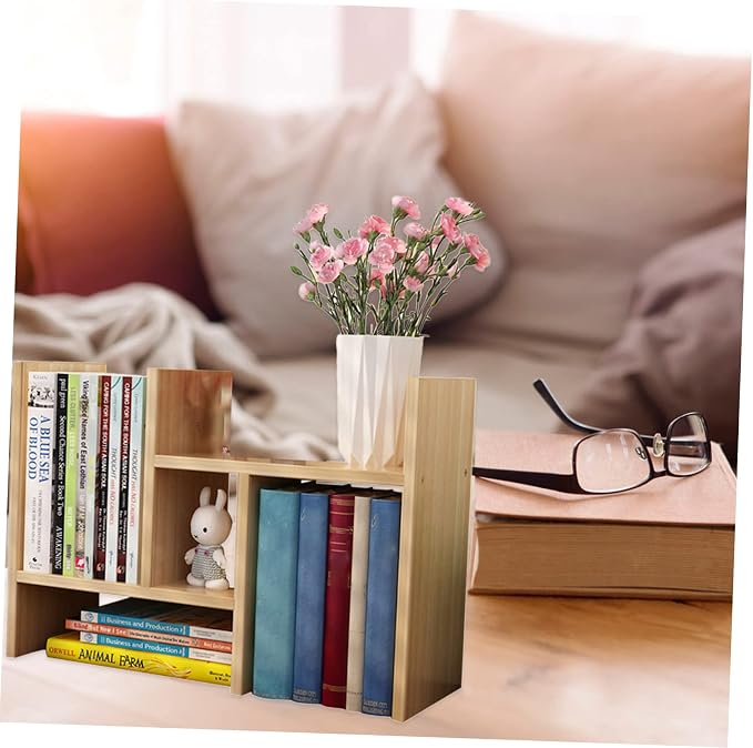 VILLCASE Desktop Storage Shelf Bookshelf Organizer Standing Desk Storage Rack for Stationery Sundries and Home Office Use Walnut Color Compact Design for Adults