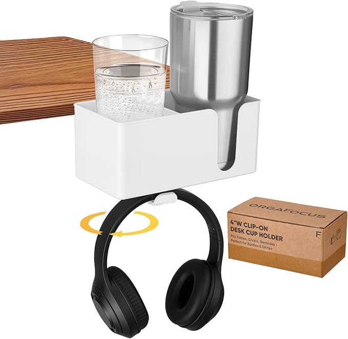 4-in-1 Clip On Desk Cup Holder, Fits up to 40oz cups - Mountable Holder with Adjustable Divider & 360° Rotating Hook - No Spill Clamp On Drink Holder Attachment - for Desk Chair Table Bed Tray - White