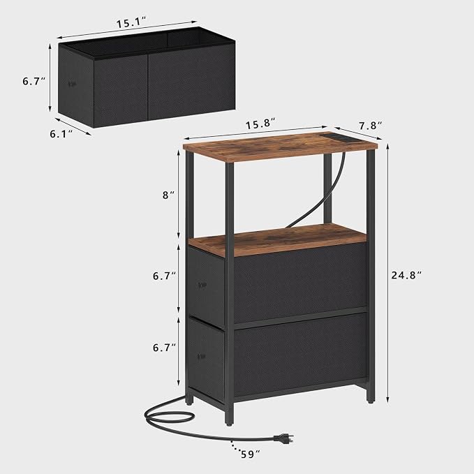 TUTOTAK Small Narrow End Table with Charging Station, Set of 2, Side Table with Outlets, Nightstand with 2 Cloth Drawers, Couch Table, for Living Room, Bedroom, Bedside, Brown and Black TB01BB055K