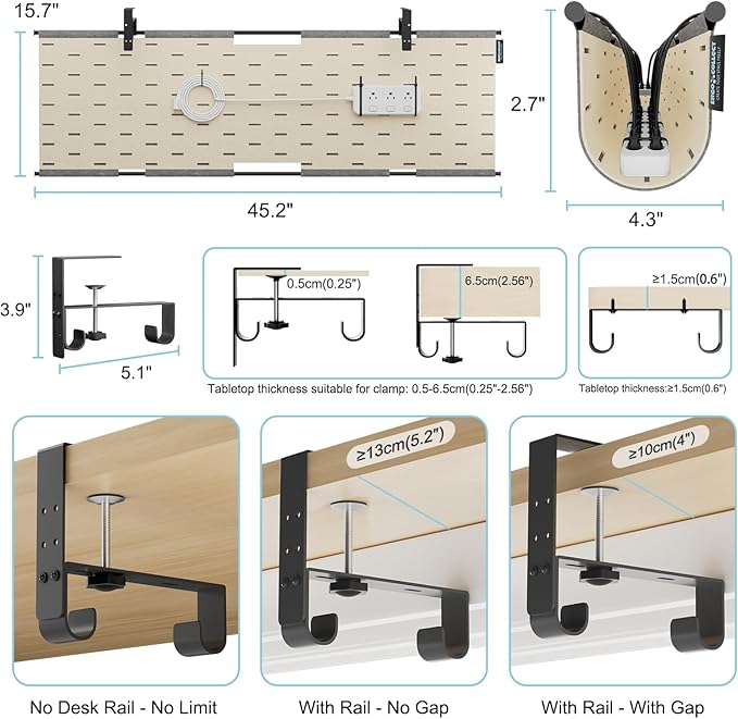 No Drill Under Desk Cable Management Tray, 45.2" Felt Cord Organizer for Table, Clamp/Screw Mount Wire Management with Privacy Panel for Standing Desk & Home Office (Gray/Khak)