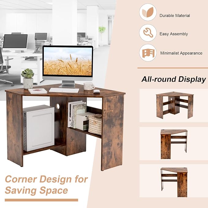 SlickBlue Corner Computer Desk with Triangle Design and Storage Shelf for Space-Saving
