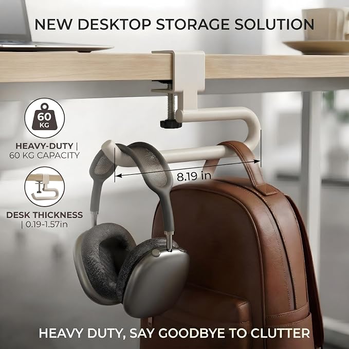 Desk Hook & Bag Hooks for Tables, Anti-Slip 60LB Heavy Duty Clamp-On Backpack Hanger, Extended Clearance Bag Holder for Desk for Office & Gaming, Adjustable (0.19-1.57in) (White)