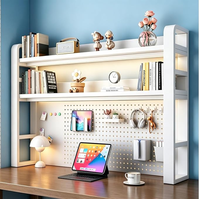 Desk Shelf Organizer with Pegboard & Storage Parts, 45kg Heavy Duty Desk Hutch, Desktop Storage Rack for Office & Home Office Shelves White Shelf/Whiteboard (3-Tier) 45.3×10×36.7"