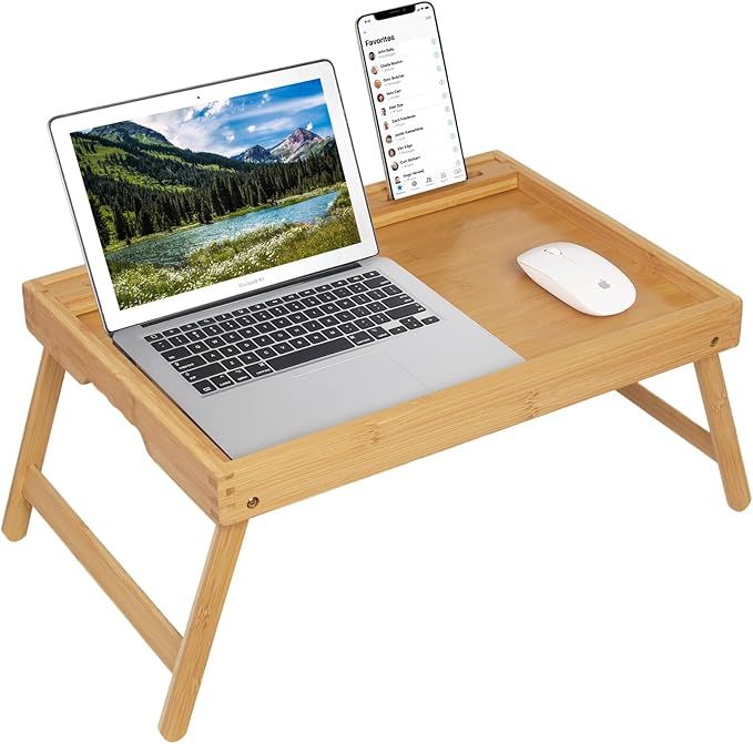 Artmeer Bed Tray Table with Folding Legs, Bamboo Breakfast Food Tray with Media Slot, Use As Platter, Laptop Desk, Snack, TV Tray Kitchen Serving Tray (Bamboo Extra-Large Size)