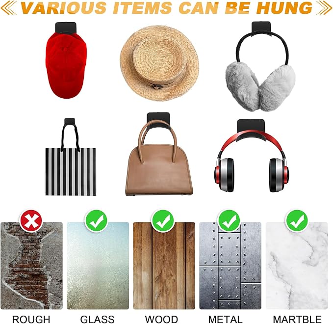 Wonderjune 30 Pcs Headphone Wall Hangers Adhesive Gaming Headset Holder Hooks for Wall Mount Strong Universal Stand Hooks for Most Headphone Controller, Hat, Baseball Caps, Door, Closet (Black)
