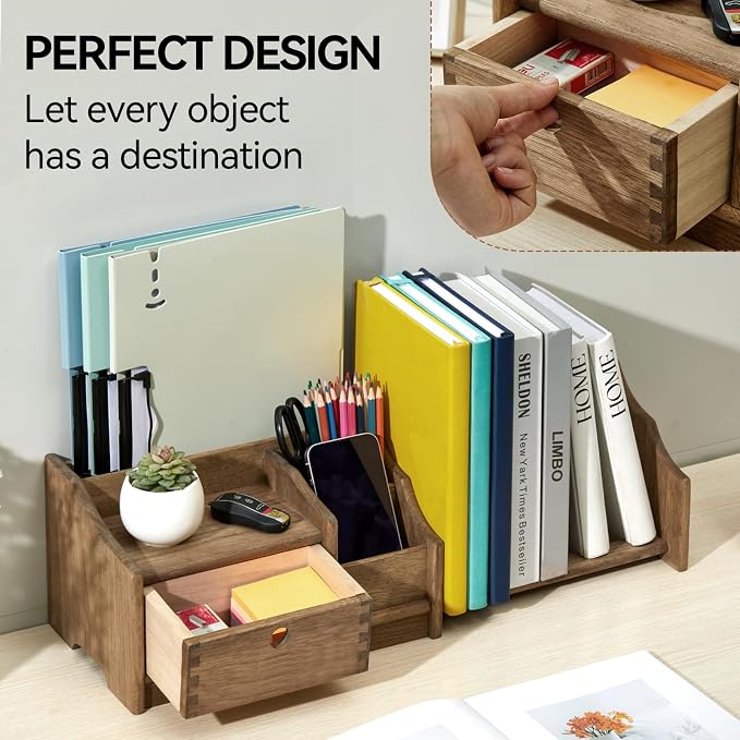 KIRIGEN Desktop Bookshelf Organizer with Drawer, Expandable Wood Desk Shelf, Fully Assembled Book Rack for Office Supplies, Files and Notebooks, 12.24 to 22.7 in Adjustable Width, SSSJ-S-DBR