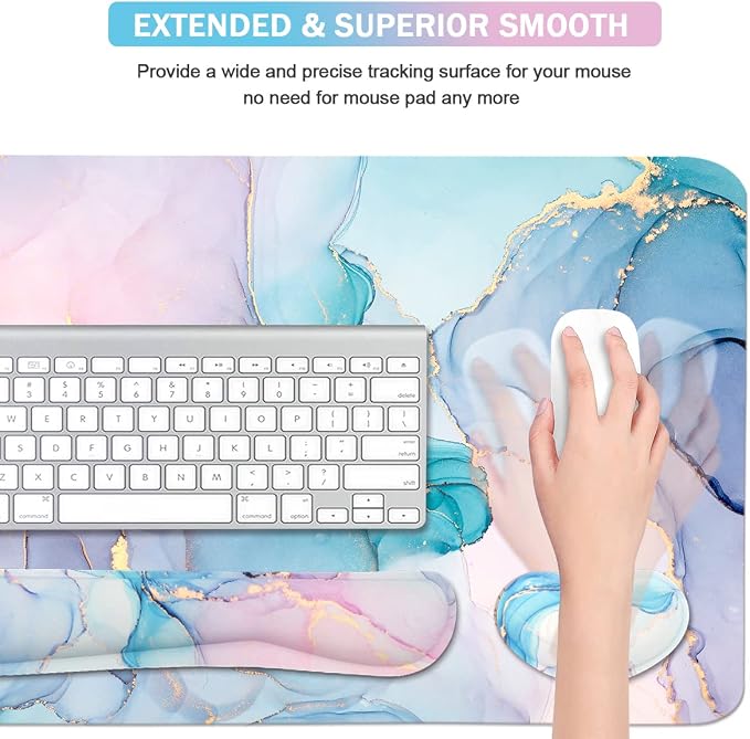 Large Mouse Pad Desk Dad, 4-in-1 Keyboard Wrist Rest Pad & Wrist Support Mouse pad Set, Extended Desk Pad Waterproof Desk Mat for Home Office Study Game-Blue Marble