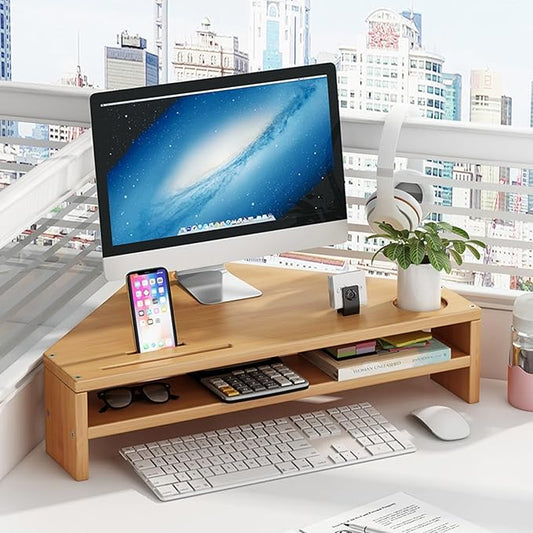 Corner Monitor Stand - 2-Tier Riser with Storage, Laptop Desk Organizer for Office and Study, Space-Saving Desktop Triangle Shelf