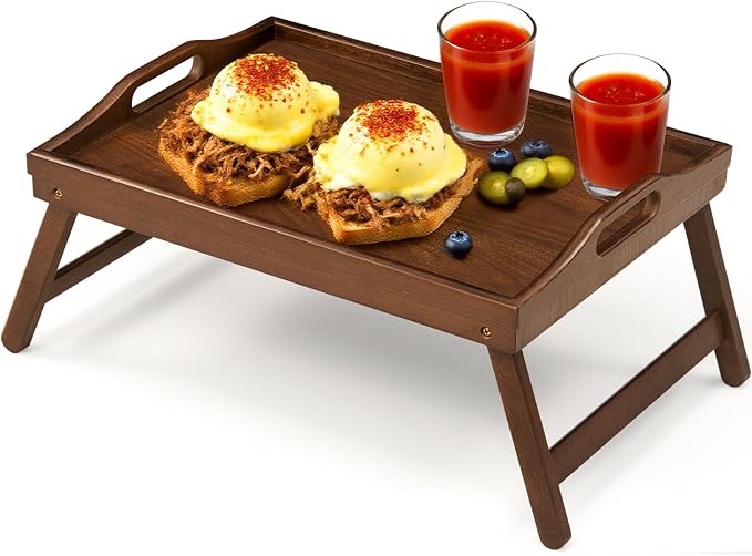 Bamboo Breakfast Tray Table with Folding Legs for Bed Table Sofa - Eating & Laptop Tray Bamboo with Folding Legs (Walnut)