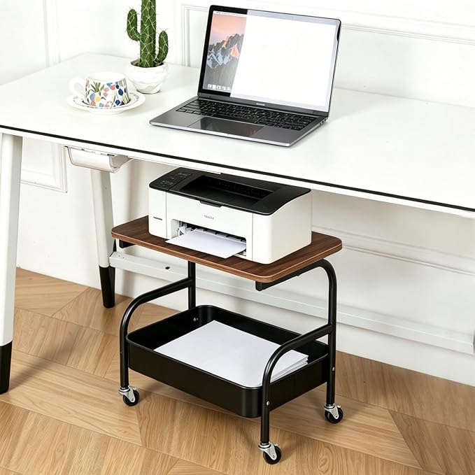 Rolling Printer Stand with Wheels 2 Tier Under Desk Printer Table with Storage, Mobile Small Short Rolling Cart for Home Office Pantry Organization, Black