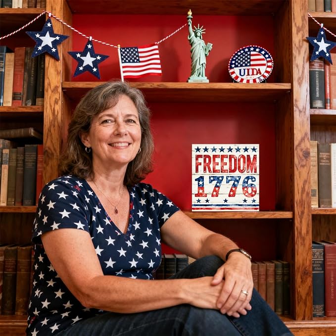 Patriotic Wooden Box Sign,Freedom 1776 4th Of July Signs Home Decor,Independence Memorial Day Block Sign for Desk Shelf Tabletop Decor