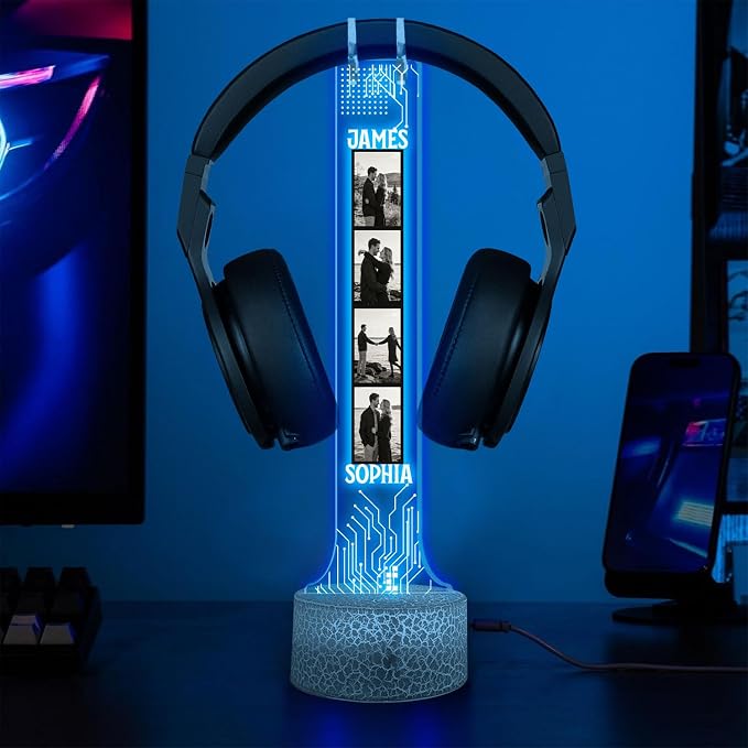 Personalized Headphone Led Night Light, Custom Photo RGB Light Headset Holder, Gift for Couple, Boyfriend Gifts, Headphone Display with Photos, Gamers Room Decor, Valentines Day Gifts
