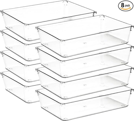 8 Pack Drawer Organizer - 6" X 9" Clear Acrylic Storage Bins with Non-Slip Pads, Versatile Desk Tray for Makeup, Jewelry, Kitchen, Bathroom, and Office Organization