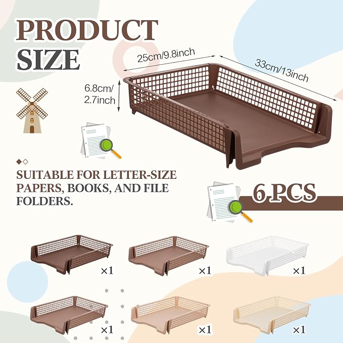 Geetery Set of 6 Plastic Trays for Teachers Turn in Trays Classroom Stackable Paper Tray Plastic Classroom Teachers Desk Letter Organizer Storage Baskets for Office, Desk, Home (Gradient Brown)