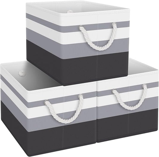 Fab totes Storage Bins 3-Pack, Foldable Storage Baskets for Organizing Toys, Books, Shelves, Closet, Large Storage Box with Rope Handles, Sturdy Organizer Bins,Gradient Grey