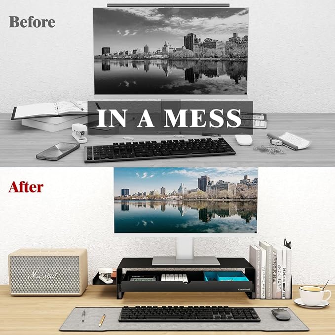 Heavy Duty Metal Monitor Stand, Strong Support Desk Organizer with Storage Shelf, Ergonomic Riser for Computer, Laptop & Printer, Space-Saving Desktop Organizer for Office Home