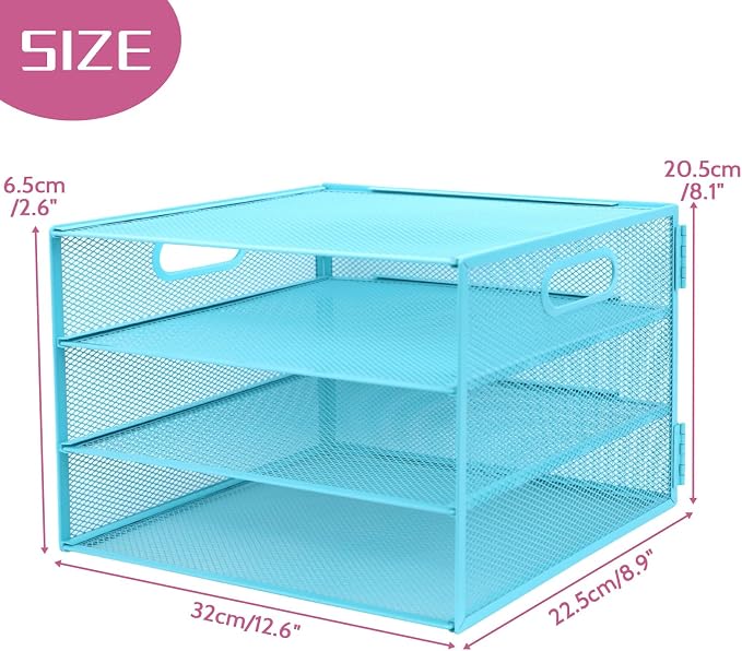 3 Tier Lettrer Tray Organizer, Metal Mesh Desk File Organizer with Sliding Trays, Paper Sorter Desk Organizer for Home Office School, Blue