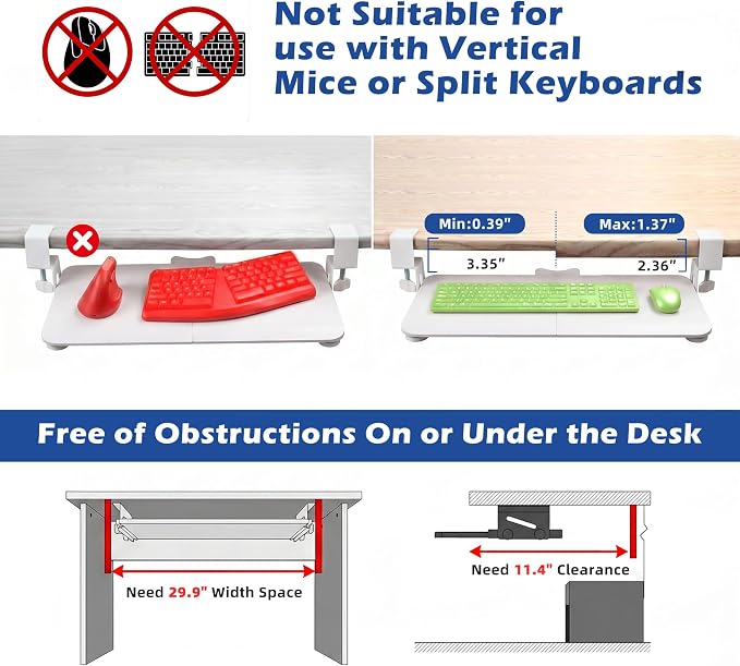 White Keyboard Tray Under Desk Clamp, 26.77" Large Under Desk Keyboard Tray Slide Out, Ergonomic Keyboard and Mouse Tray with Wrapped Edge Finish, Modern Desk Extender for Home Office