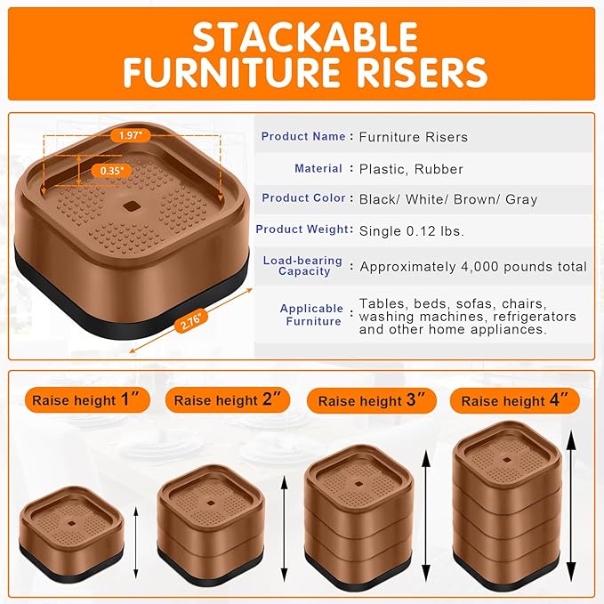 shouwuhho 9 Pack Furniture Risers Adjustable Bed Risers Heavy Duty Lifts Height 1", Square Stackable Bed Risers 1, 2 or 3 Inch for Desk Leg Table Couch Sofa Chair Bed Frame Legs Dorm, Brown