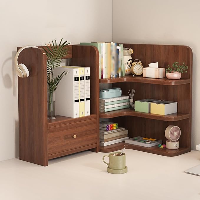 Desktop Corner Bookshelf with Storage Stable Wooden Structure Multifunctional Freestanding Display Rack for Home Dorm Office Supplies(Brown)