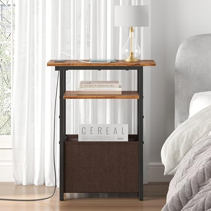 sthmec Narrow Side Table with Charging Station Set of 2, Small End Table for Small Spaces, Skinny Nightstands Set 2 with Storage Basket,Sofa Bedside Tables for Living Room,Bedroom, Rustic Brown
