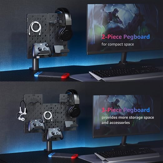 PEGZONE Headphone and Controller Holder, Rotating Gaming Accessories Organizer, Modular Desk Controller Stand with Cable Hooks, 3Pcs, Black