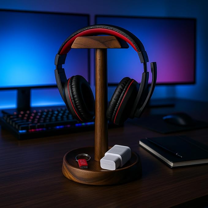 Wooden Headphone Stand with Tray – Solid Acacia Headset Holder for Desk Organization, Universal Fit for Sony, Bose, Beats, Gaming Headsets & Controllers | Solid Acacia, Desk Organization, Universal Fit for Sony, Bose, Beats, Gaming Headsets & Controllers