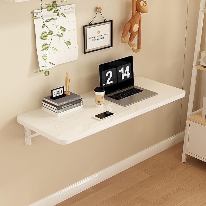 Wall Mounted Folding Table,floating desk for wall,folding wall desks for small spaces,hanging desk for Home Office Computer Workstation,Study Work Bench, Kitchen Dining (white, 31.5"×19.6"(80×50cm))