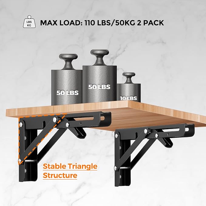 Ravinte 2 Pack 8 Inch Folding Shelf Brackets – Matte Black, Heavy Duty Collapsible Brackets for Tables and Benches – Space-Saving Design