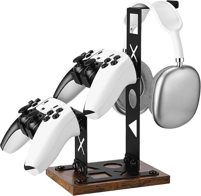 Headset Stand Gaming Controller Holder,Game Controller Stand Headphone Stand with Wood Base, Gaming Equipment Accessories for Desk Dual Organizer Rack Headset Holder for Son, Husband, Boyfriend