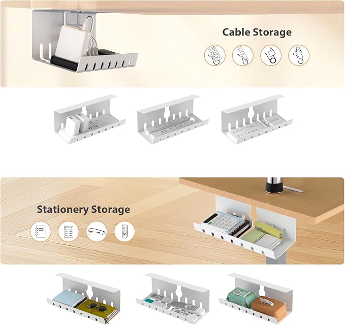 Syeeiex Under Desk Cable Management Tray, 34" Total Length (17"×2 Set), No-Drill C-Clamp & Screw Mount, Heavy Duty Metal Cord Organizer with 10 PCS Cable Ties, for Office Home Workspace, White, 2-Pack