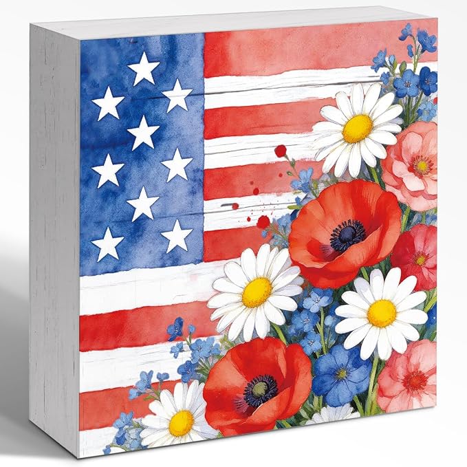 Patriotic Wooden Box Sign,Stars And Stripes Floral 4th Of July Signs Home Decor,Independence Memorial Day Block Sign for Desk Shelf Tabletop Decor