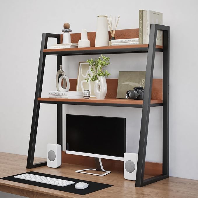 AQQHSAIN Desktop Hutch Shelf 2-Tier Ladder Bookshelf Computer Bookcase Wooden Desktop Display Rack Multipurpose Desk Hutch Top Only for Home Office Dorm Use (Brown, 75CM)