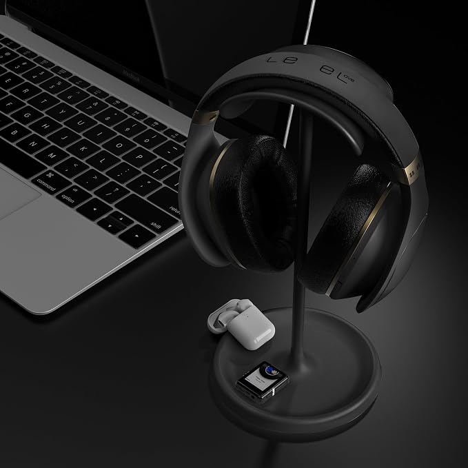 Headphone Stand, Universal Headset Holder with Headphone Cable Storage Clip,Heavy Duty Gaming Earphone Stand with Base Curved Storage for AirPod Max, Beats, Bose,Base,Sony and More（Black）