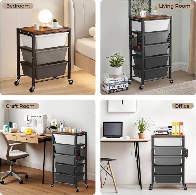 Rolling Cart with 3 Drawers, Plastic Drawer Storage Carts with Lockable Wheels & Wooden Tabletop, Metal Utility Cart Organizer, Office Bedroom Classroom Craft Organization and Storage, Dark Grey