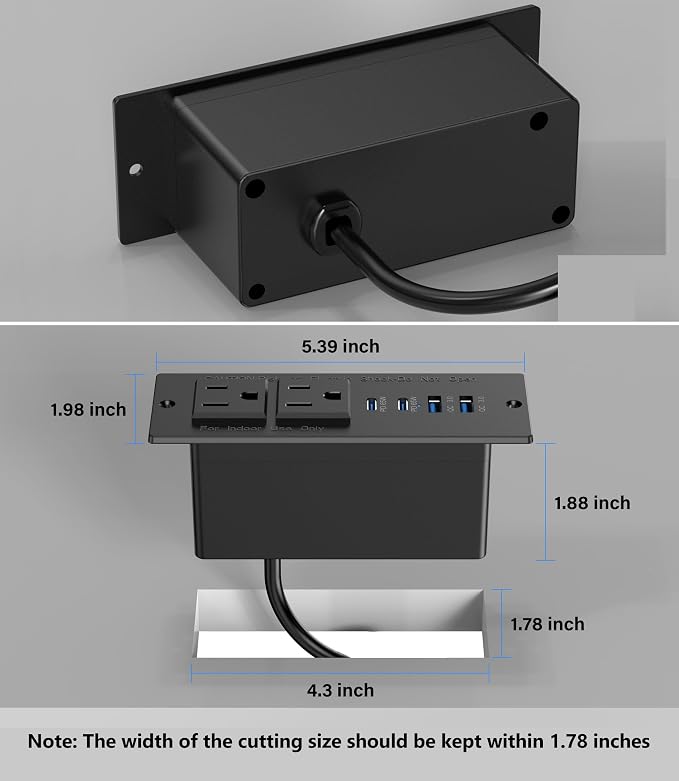 Recessed Power Strip Fast Charging Station 2 PD 65W USB C, Flush Mount Countertop Drawer Outlet, Furniture Hidden Charging Station for Side Table, End Table,2 AC Outlets (Black, 6 FT Cable)