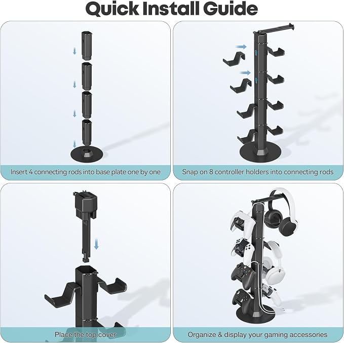 Controller & Headset Holder Stand for Desk, with Charger Cable Organizer Headphone Stand for PS5/ Xbox/ PS4/ Switch, Metal Base Controller Hanger Hook for Storage Earphones, Game Console, Mobile Phone