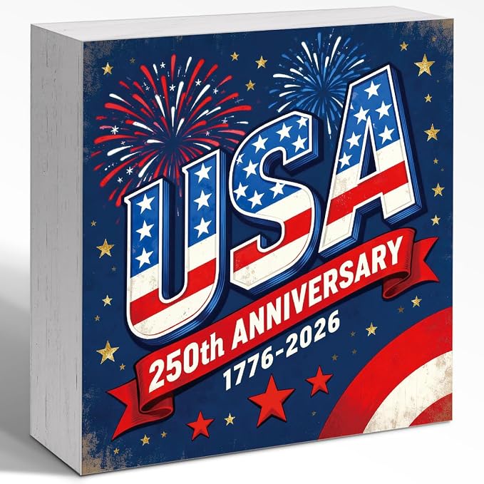 Patriotic Wooden Box Sign,USA Anniversary 4th Of July Signs Home Decor,Independence Memorial Day Block Sign for Desk Shelf Tabletop Decor