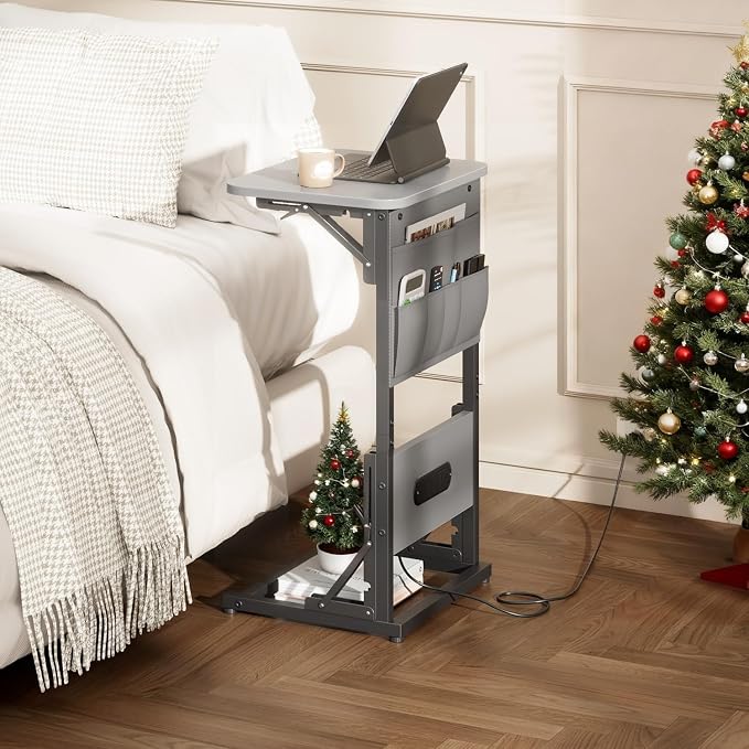 HLDIRECT C Shaped End Table with Charging Station, Couch Side Table with Storage Bag, Foldable TV Tray with 2 USB Ports and Outlets for Living Room, Bedroom, Gray