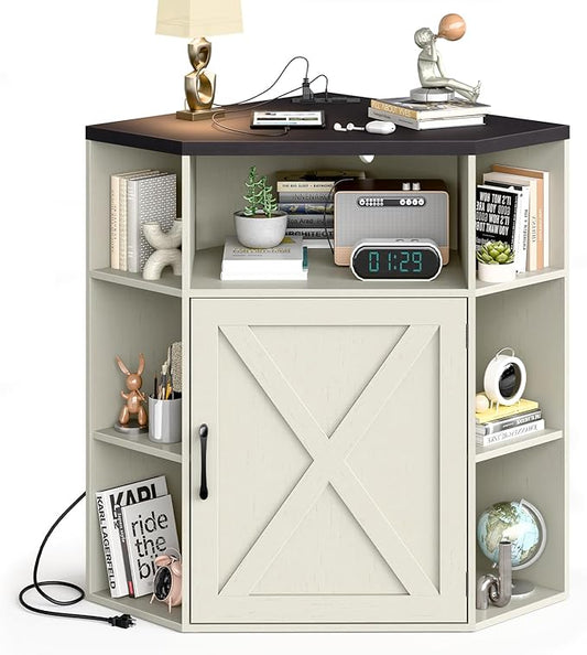 Halitaa Corner Storage Cabinet, Farmhouse Corner Bookshelf with Storage 6-Cubby Wooden Cabinet with USB Ports and Outlets Industrial Organizer for Small Space, Study, Playroom, Rustic White and Black