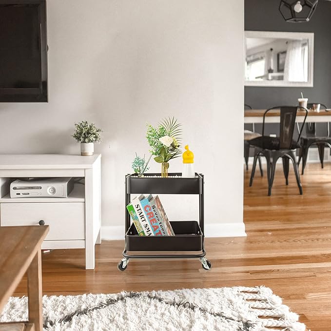 Melody House 2-Tier Metal Utility Rolling Cart Storage Organizer with Cover Board Mobile Trolley Sofa Side Table with Wheels for Office Home Kitchen Organization Black