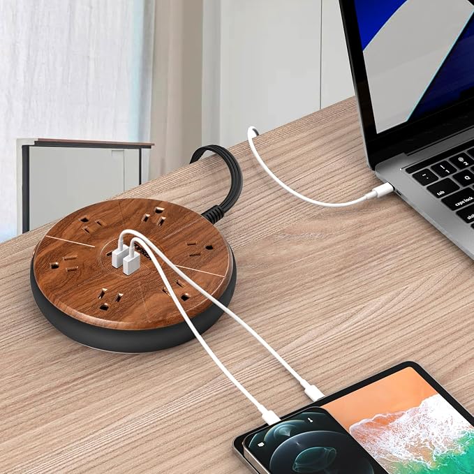 Power Strip with USB - 6 Outlets, 1 USB-C (20W PD), 2 USB-A - Wood Finish Power Strip Surge Protector, 6.5 ft Flat Extension Cord for Home Office, Dorm Desk