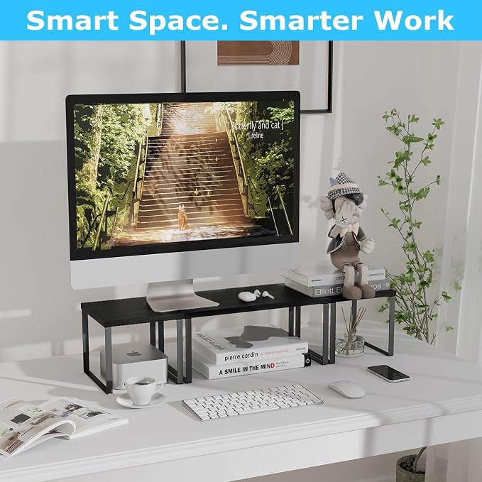 Aothia Desktop Shelf Organizer for Top of Desk, Modular 2-Tier Stackable Wood Storage Shelf, Modular Desk Organizer for Office, Home Workspace & Kitchen Counter, Black