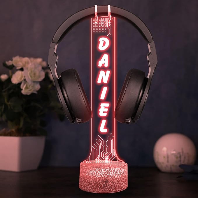 Personalized RGB LED Headphone Holder, Custom Gamertag Headset Holder with Light-Up Base, Streaming Setup Decor, Cool Xmas Gift for Gamers, Boyfriend or Him, Christmas Game Room Decor