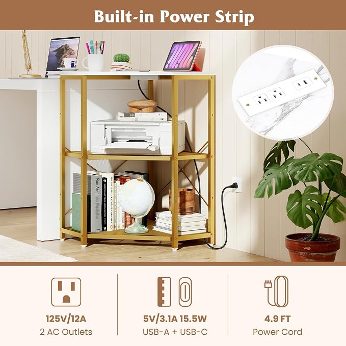 Tangkula Corner Printer Stand with Power Outlet, 3-Tier Storage Rack with Adjustable Metal Mesh Shelf, Freestanding Corner Table Computer Tower Holder for Home Office Living Room (White)