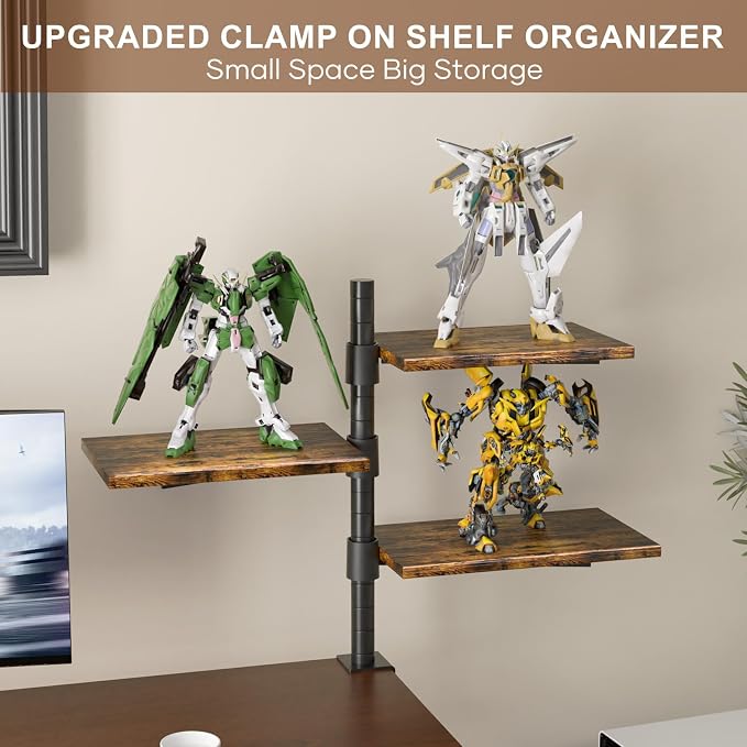 3 Tier Clamp On Desk Shelf - Over Or Under Table Clamp Shelf, 360° Rotatable Desk Storage for Home Office, Gaming and Storage Tray, Desktop Shelves for Desktop Thicknesses from 0.5-1 Inch