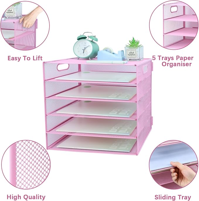 5 Tier Lettrer Tray Organizer, Metal Mesh Desk File Organizer with Sliding Trays, Paper Sorter Desk Organizer for Home Office School, Pink